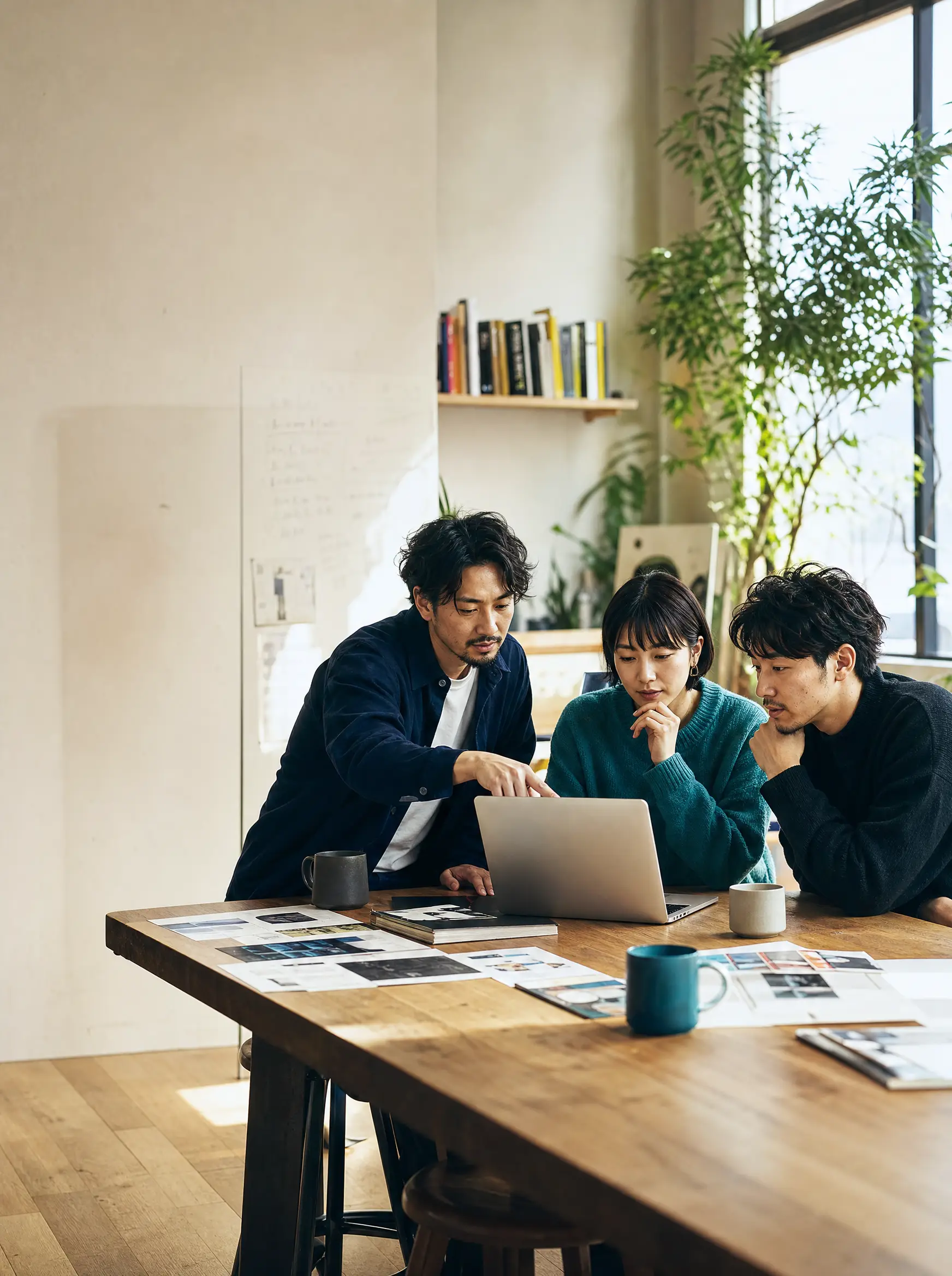 A small Japanese marketing team collaborating around a laptop in a bright Tokyo studio, calm focused energy, natural afternoon light