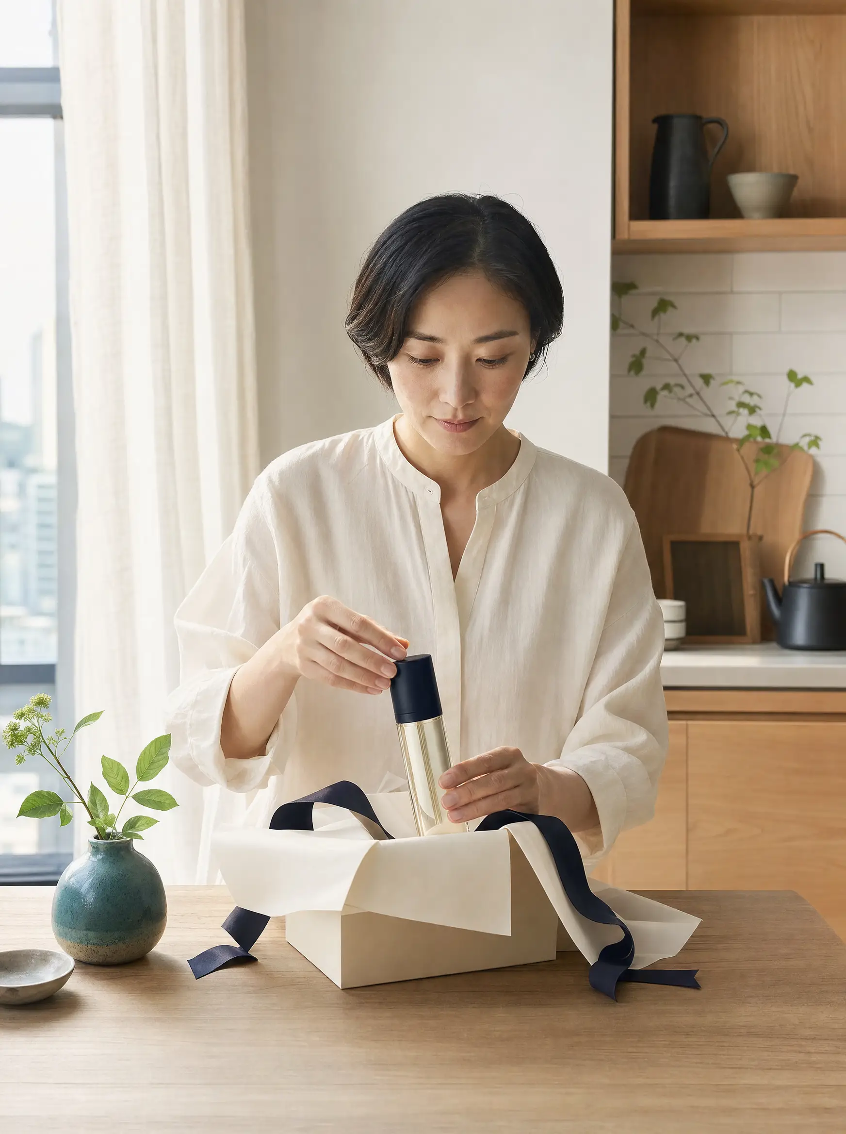 A Japanese woman unboxing a premium beauty product at her kitchen counter in a sunlit Tokyo apartment, calm and considered
