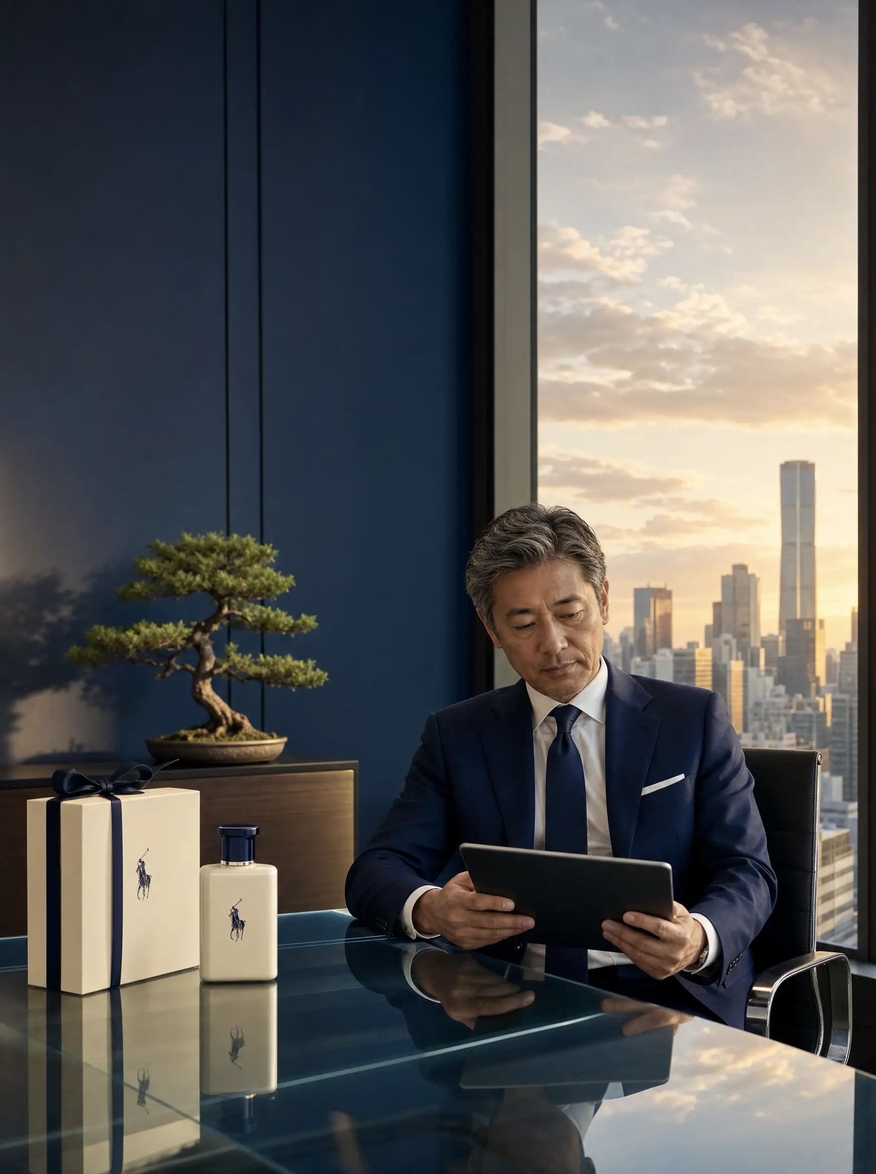 A confident Japanese executive in a Tokyo office reviewing a product on a tablet, soft natural daylight, premium product packaging visible